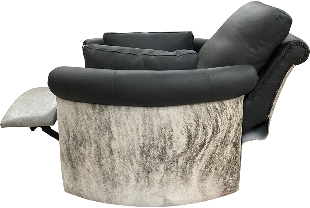 Del Mar Rolled & Rounded Arm Modern Farmhouse Western Grey Leather & Cowhide Swivel Recliner Side With Recliner Extended