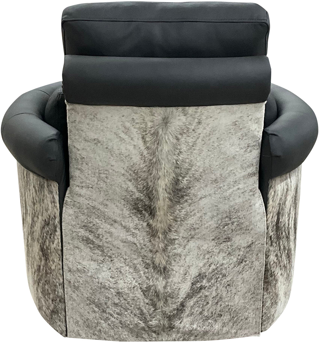 Del Mar Rolled & Rounded Arm Modern Farmhouse Western Grey Leather & Cowhide Swivel Recliner Back