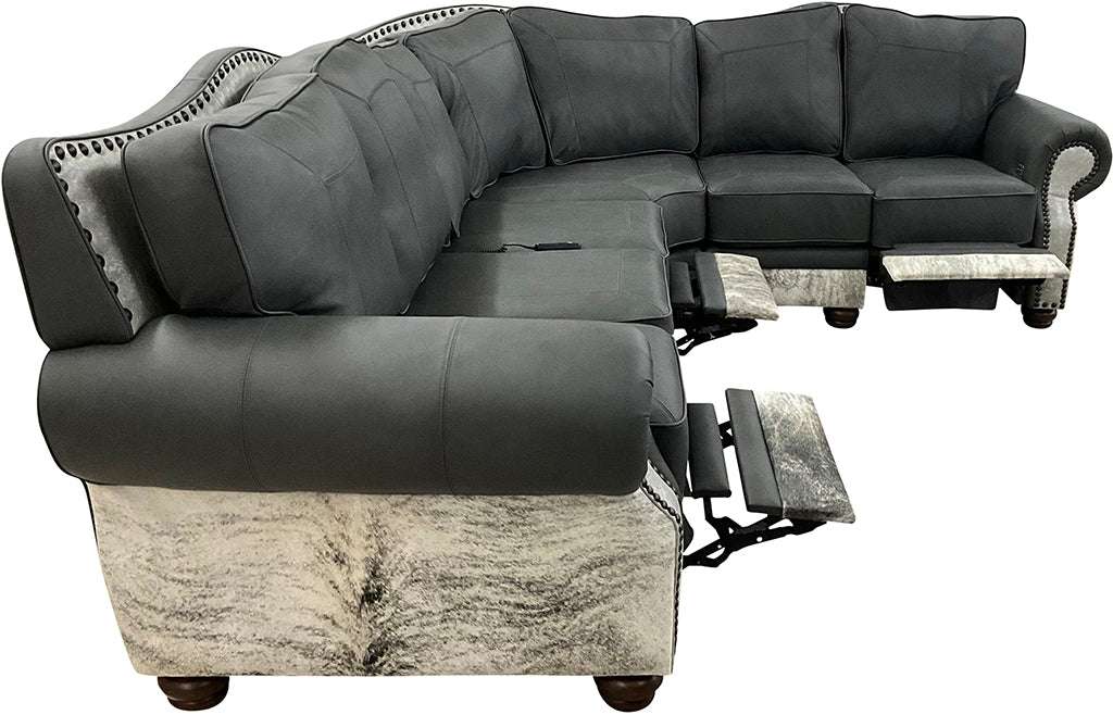 Del Mar Modern Farmhouse Western Gray Leather & Cowhide Sectional Sofa With Kick Plates Extended