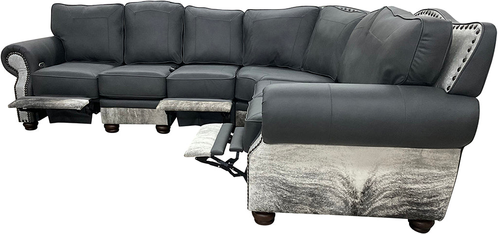 Del Mar Modern Farmhouse Western Gray Leather & Cowhide Sectional Sofa With Kick Plates Extended