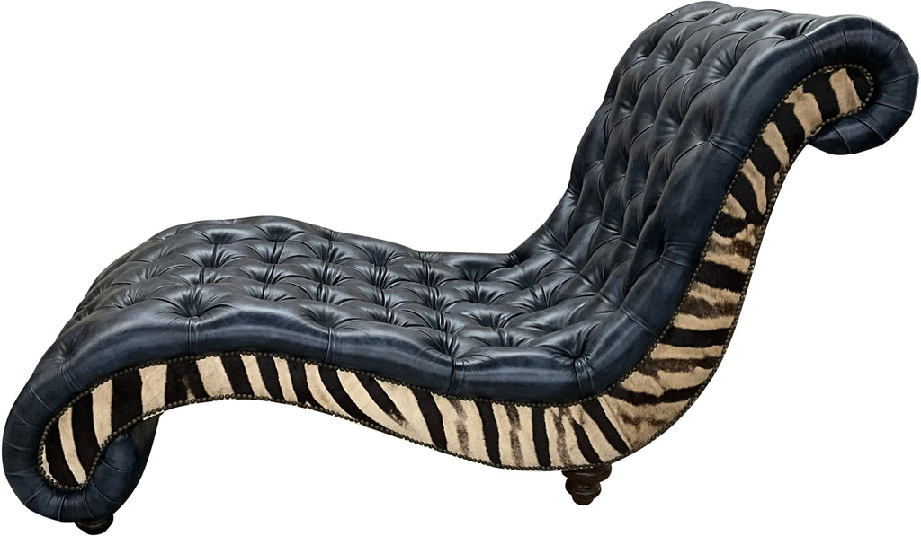 Wanderlust Western Exotic Tufted Blue Leather & Authentic Zebra Hide Single Saloon Style Chaise Lounge