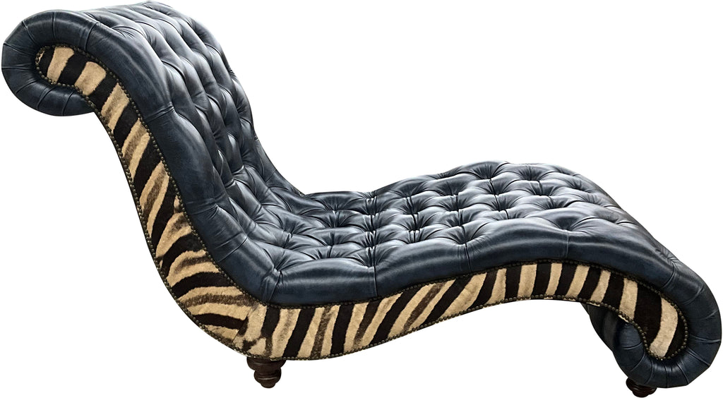Wanderlust Western Exotic Tufted Blue Leather & Authentic Zebra Hide Single Saloon Style Chaise Lounge