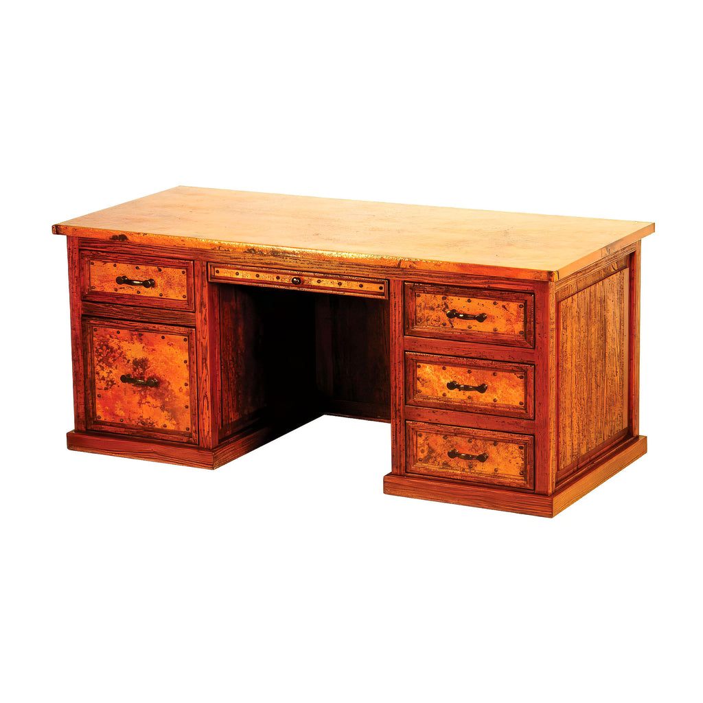 Elevate your workspace with the Executive Copper 5-Drawer Desk. Featuring a hand-hammered copper top, warm patina, and ample storage, this rustic desk blends elegance and function.