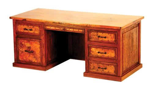 Elevate your workspace with the Executive Copper 5-Drawer Desk. Featuring a hand-hammered copper top, warm patina, and ample storage, this rustic desk blends elegance and function.