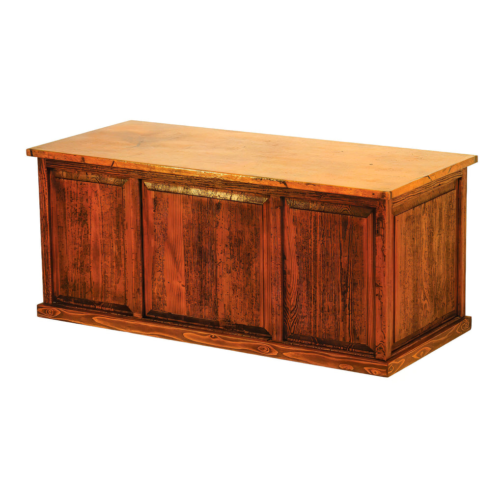 Elevate your workspace with the Executive Copper 5-Drawer Desk. Featuring a hand-hammered copper top, warm patina, and ample storage, this rustic desk blends elegance and function.