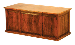 Elevate your workspace with the Executive Copper 5-Drawer Desk. Featuring a hand-hammered copper top, warm patina, and ample storage, this rustic desk blends elegance and function.