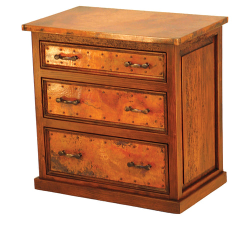Handcrafted 3-Drawer Small Copper Dresser with hammered copper panels and solid wood frame. Rustic elegance with practical storage for bedroom, hallway, or living spaces.