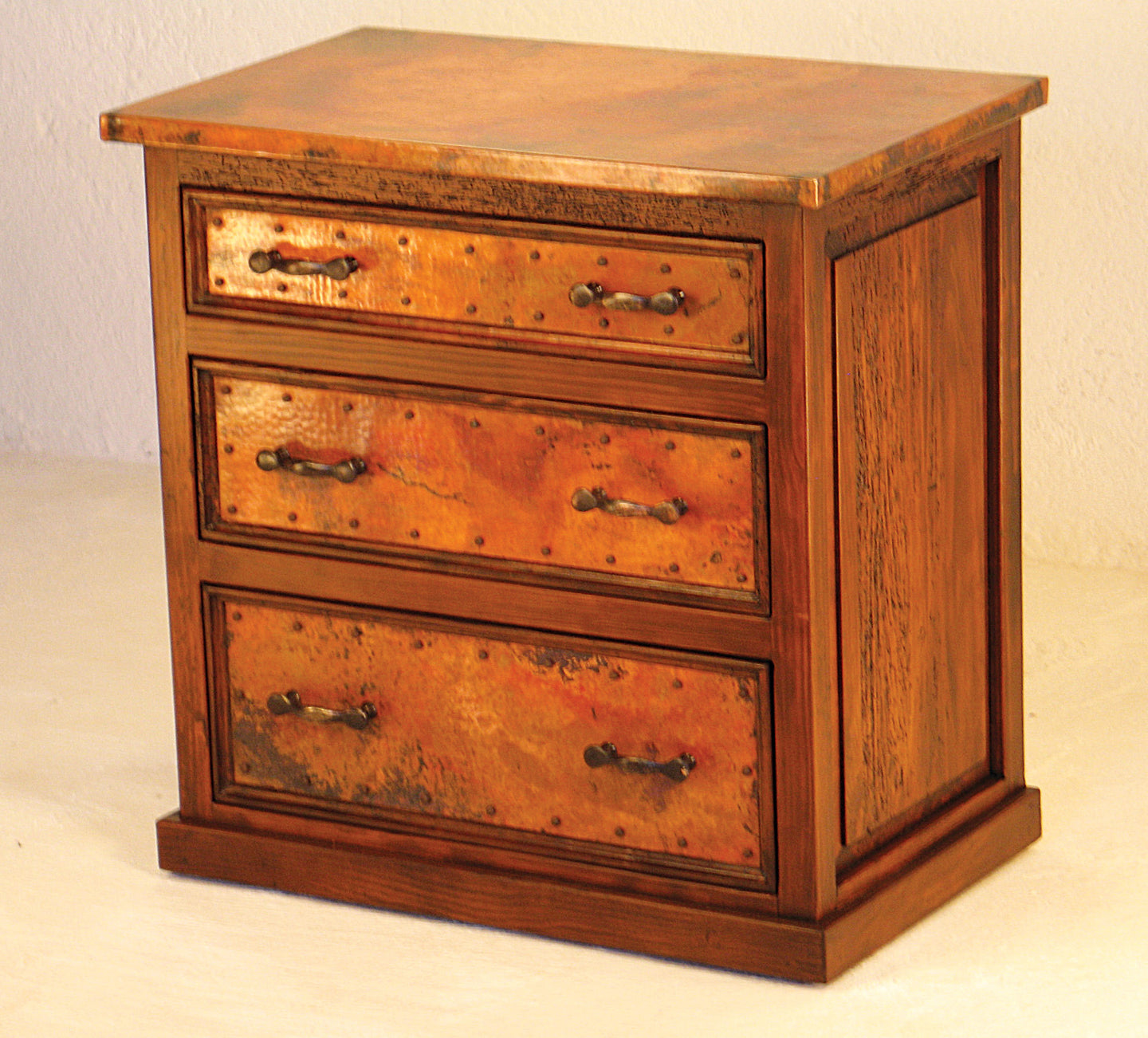 Handcrafted 3-Drawer Small Copper Dresser with hammered copper panels and solid wood frame. Rustic elegance with practical storage for bedroom, hallway, or living spaces.