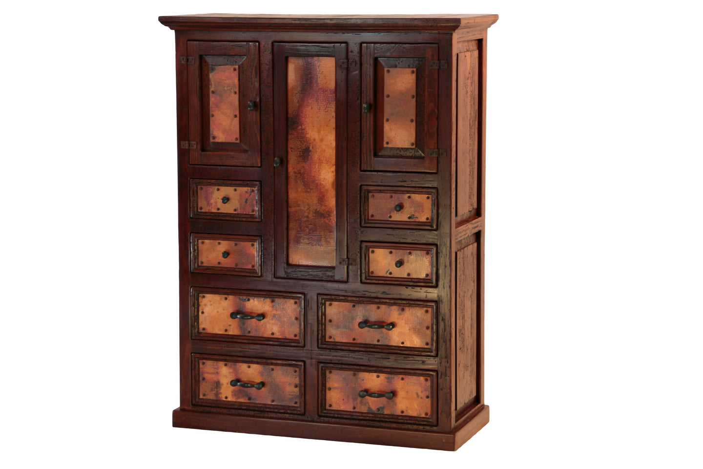 Add rustic elegance to your home with the 4/4 Drawer & 3-Door Copper Dresser, featuring solid wood craftsmanship, hand-hammered copper panels, and ample storage.