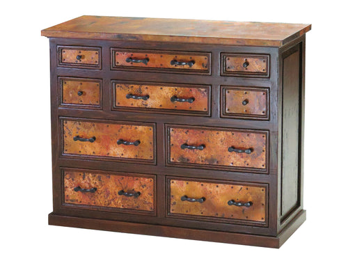 Bring Southwestern charm to your home with the Francisco 10 Drawer Copper Dresser. Featuring hand-hammered copper, distressed wood, and ample storage, this rustic dresser blends beauty and functionality.