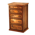 Wooden dresser with multiple drawers on a plain background