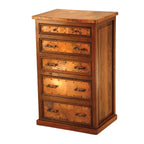 Wooden dresser with multiple drawers on a plain background