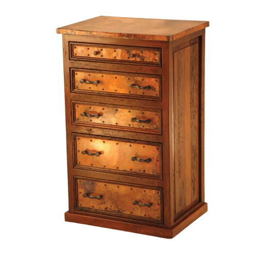 Wooden dresser with multiple drawers on a plain background