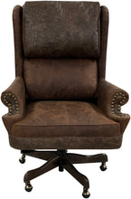 Load image into Gallery viewer, The President’s Executive Chair combines Cora Pecan leather, Floral Bone Black accents, and Hair-on-Hide Dark Exotic cowhide. A handcrafted Western wingback chair designed for power, prestige, and comfort.