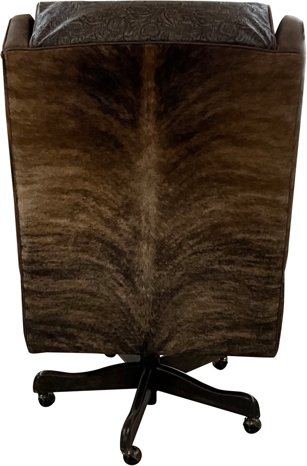 The President’s Executive Chair combines Cora Pecan leather, Floral Bone Black accents, and Hair-on-Hide Dark Exotic cowhide. A handcrafted Western wingback chair designed for power, prestige, and comfort.