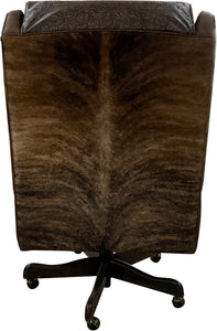 The President’s Executive Chair combines Cora Pecan leather, Floral Bone Black accents, and Hair-on-Hide Dark Exotic cowhide. A handcrafted Western wingback chair designed for power, prestige, and comfort.