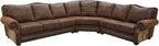The Sandpoint Sectional features Cora Pecan leather, Floral Bone Black accents, and Hair-on-Hide Dark Exotic cowhide. With a large three-cushion pie piece and three-point yoke back cushions, this Western sectional offers luxury, comfort, and bold style.