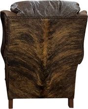 Load image into Gallery viewer, The Sandpoint Recliner combines Cora Pecan leather, Floral Bone Black embossed accents, and Hair-on-Hide Dark Exotic cowhide. A handcrafted Western-style recliner with classic wingback design, double bustleback cushions, and classic nailhead trim.