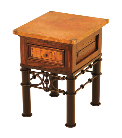 Elevate your living space with the 1-Drawer Copper End Table w/ Pablo Base, featuring a hand-hammered copper top, copper-accented drawer, and a sturdy iron base. Available in standard and small sizes.