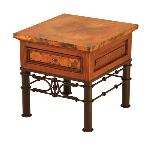 Elevate your living space with the 1-Drawer Copper End Table w/ Pablo Base, featuring a hand-hammered copper top, copper-accented drawer, and a sturdy iron base. Available in standard and small sizes.