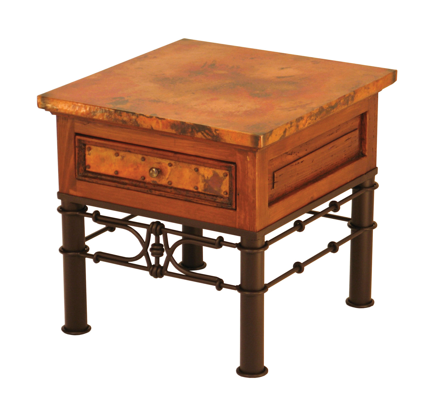 Elevate your living space with the 1-Drawer Copper End Table w/ Pablo Base, featuring a hand-hammered copper top, copper-accented drawer, and a sturdy iron base. Available in standard and small sizes.