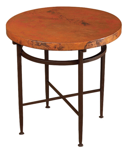 Bring rustic elegance into your space with the Jessica Copper End Table, featuring a hand-hammered copper top and wrought iron base, offered in round or triangle shape.