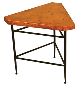 Bring rustic elegance into your space with the Jessica Copper End Table, featuring a hand-hammered copper top and wrought iron base, offered in round or triangle shape.