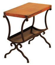 Load image into Gallery viewer, The Revista Magazine Copper Table combines rustic copper beauty with functional design. Features a hammered copper top, iron base, and a lower shelf for magazines or storage.