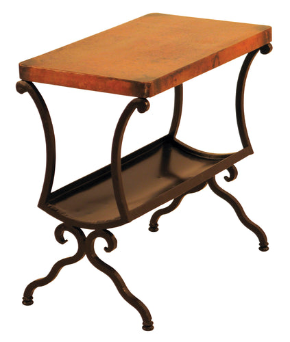The Revista Magazine Copper Table combines rustic copper beauty with functional design. Features a hammered copper top, iron base, and a lower shelf for magazines or storage.