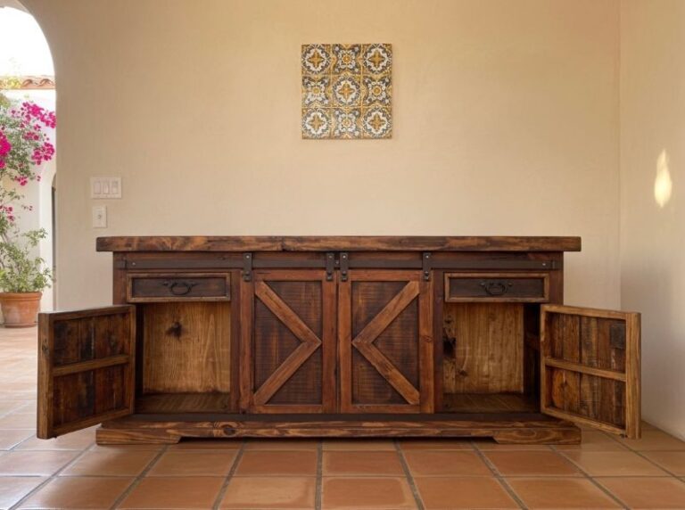The Old World Buffet Cabinet is made using new and reclaimed pine wood.&nbsp; It has two barn doors to an open shelf, two drawers and two cabinet doors.&nbsp; Each with iron hardware.&nbsp; Cabinet handles are hand made in house. Single shelf inside the two barn doors.