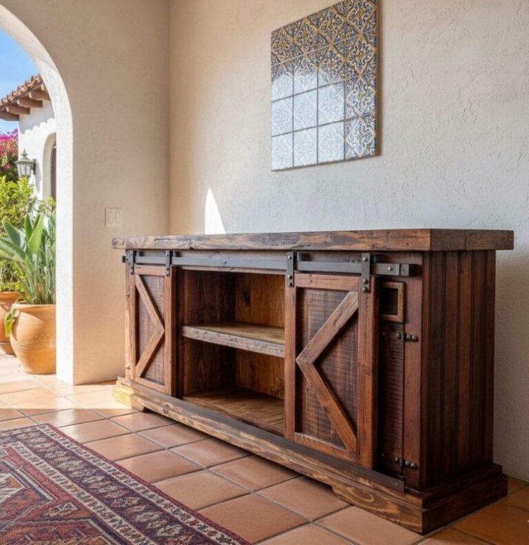The Old World Buffet Cabinet is made using new and reclaimed pine wood.&nbsp; It has two barn doors to an open shelf, two drawers and two cabinet doors.&nbsp; Each with iron hardware.&nbsp; Cabinet handles are hand made in house. Single shelf inside the two barn doors.