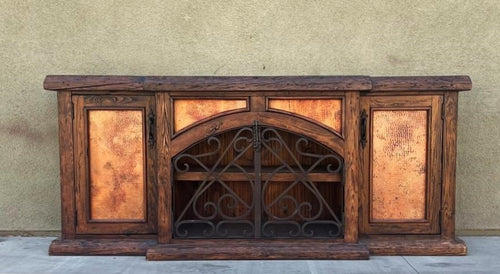 rustic reclaimed Wooden buffet cabinet with metal decorative elements