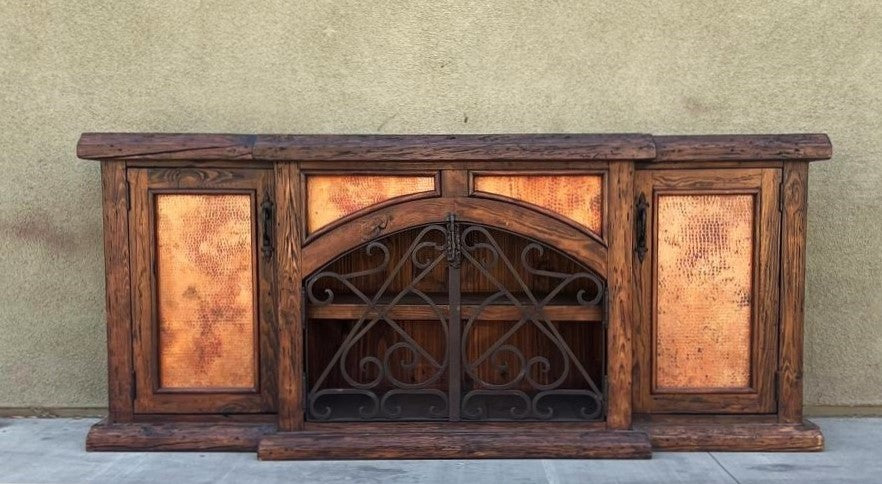 rustic reclaimed Wooden buffet cabinet with metal decorative elements