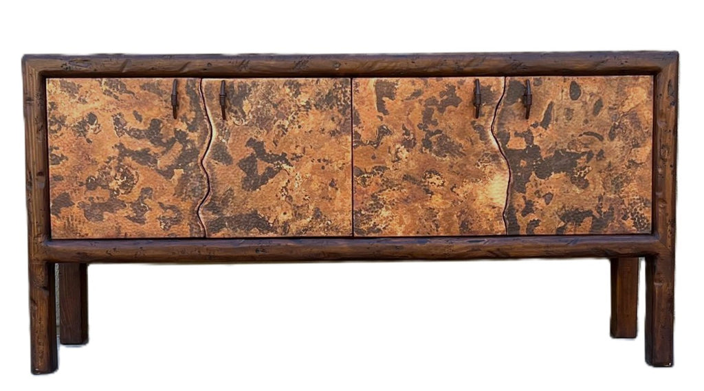 rustic hand hammered copper & reclaimed wood storage credenza table with hand forged iron pulls