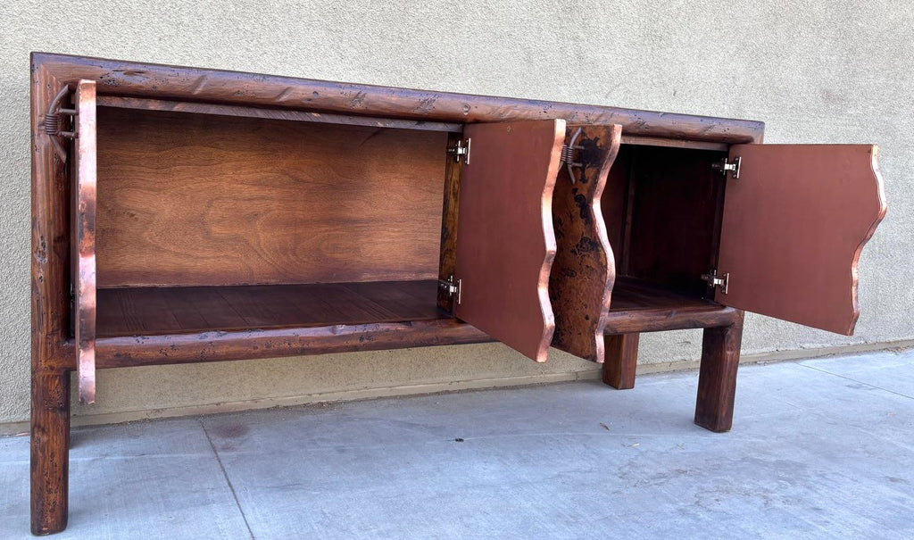 rustic hand hammered copper & reclaimed wood storage credenza table with hand forged iron pulls
