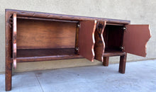 Load image into Gallery viewer, rustic hand hammered copper &amp; reclaimed wood storage credenza table with hand forged iron pulls