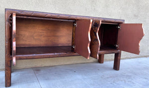 rustic hand hammered copper & reclaimed wood storage credenza table with hand forged iron pulls