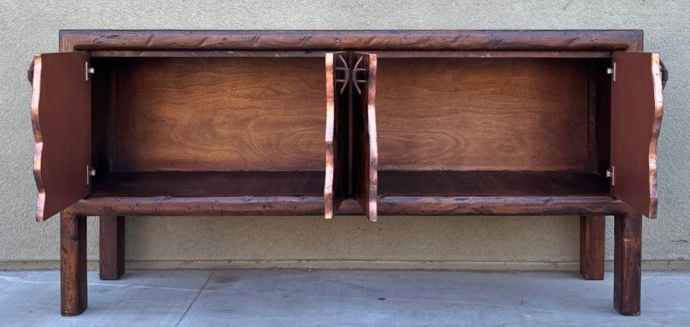 rustic hand hammered copper & reclaimed wood storage credenza table with hand forged iron pulls