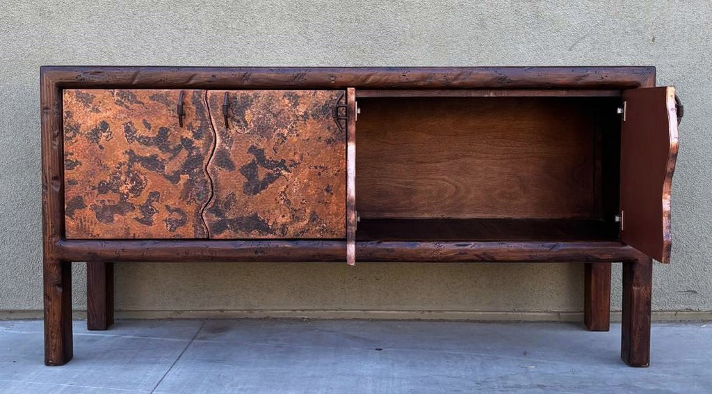 rustic hand hammered copper & reclaimed wood storage credenza table with hand forged iron pulls