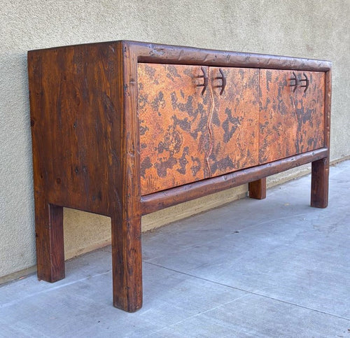 rustic hand hammered copper & reclaimed wood storage credenza table with hand forged iron pulls