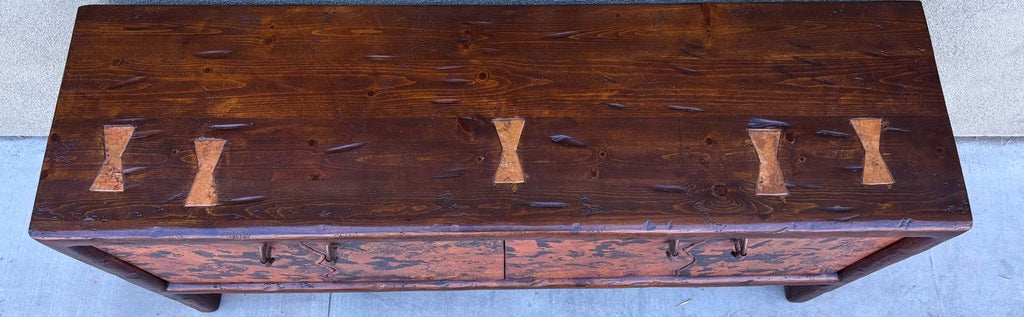 rustic hand hammered copper & reclaimed wood storage credenza table with hand forged iron pulls