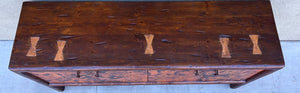 rustic hand hammered copper & reclaimed wood storage credenza table with hand forged iron pulls