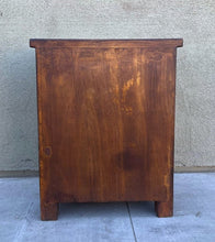 Load image into Gallery viewer, rustic hand hammered copper &amp; reclaimed wood bedside or end storage table with hand forged iron pulls