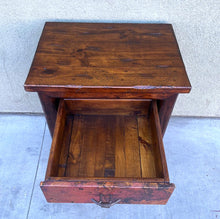 Load image into Gallery viewer, rustic hand hammered copper &amp; reclaimed wood bedside or end storage table with hand forged iron pulls