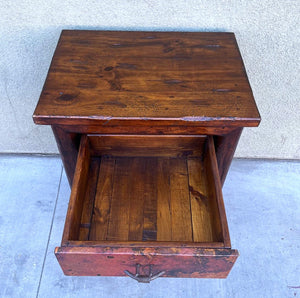 rustic hand hammered copper & reclaimed wood bedside or end storage table with hand forged iron pulls
