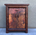 rustic hand hammered copper & reclaimed wood bedside or end storage table with hand forged iron pulls