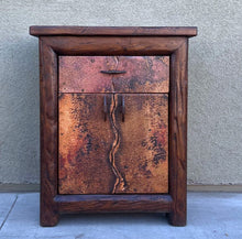 Load image into Gallery viewer, rustic hand hammered copper &amp; reclaimed wood bedside or end storage table with hand forged iron pulls