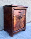 rustic hand hammered copper & reclaimed wood bedside or end storage table with hand forged iron pulls