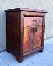 Load image into Gallery viewer, rustic hand hammered copper &amp; reclaimed wood bedside or end storage table with hand forged iron pulls