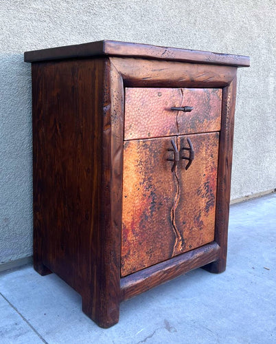 rustic hand hammered copper & reclaimed wood bedside or end storage table with hand forged iron pulls